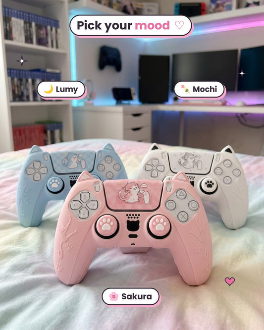 Pink, white and blue cat ear PS5 controller covers as a gift idea