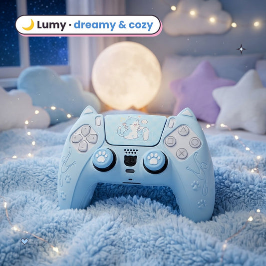 Cozy PS5 gaming setup with a blue cat ear controller cover and a moon lamp