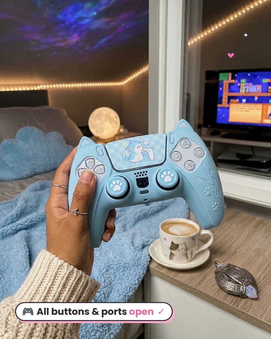 PS5 controller with a blue silicone cover, all buttons open