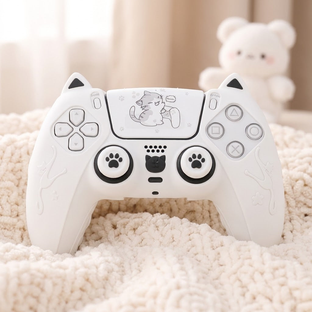 Mochi white PS5 controller cover on a cream knit blanket