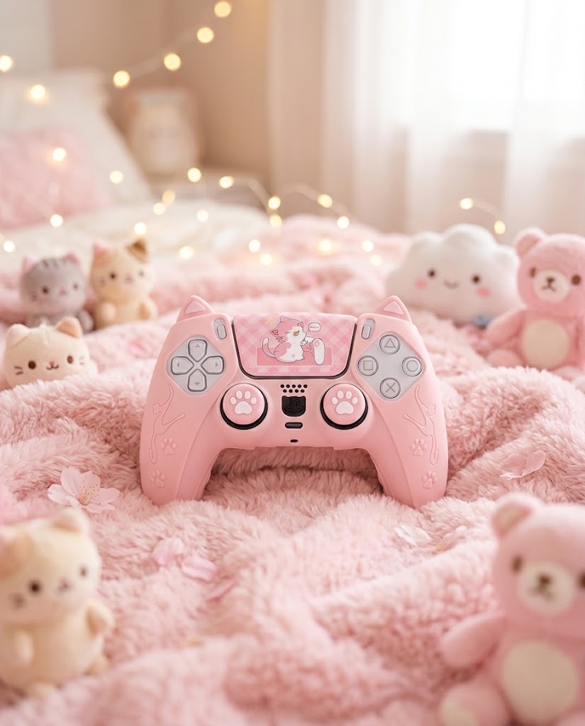 Sakura PS5 controller cover on a cozy pink kawaii bed