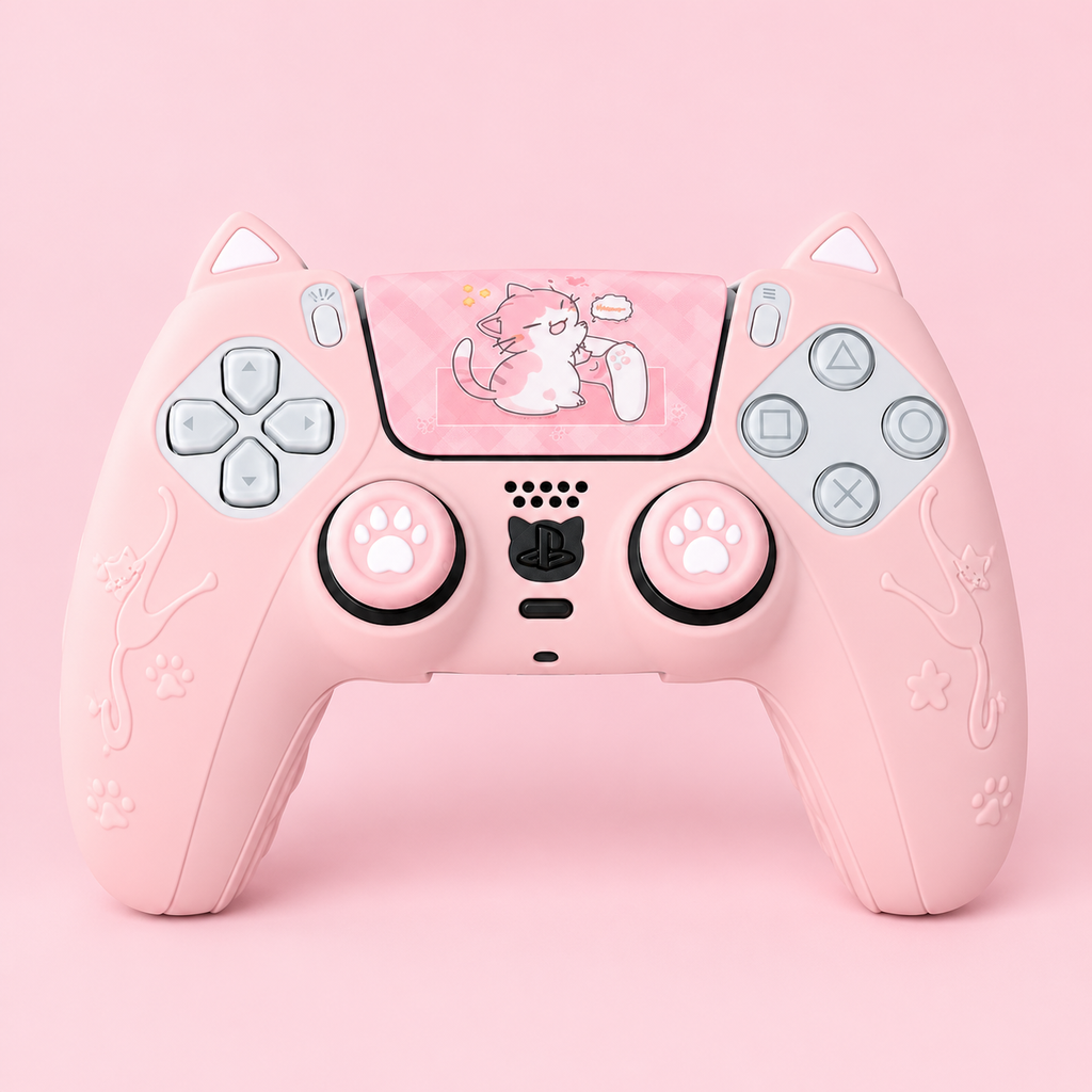 Sakura pink cat ear silicone cover for PS5 DualSense controller, front view