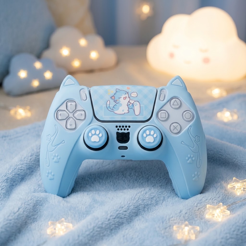 Lumy blue PS5 controller cover in a dreamy night room