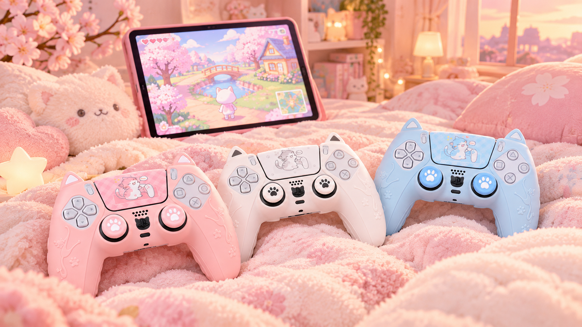 Pink, white and blue cat ear PS5 controller covers on a cozy bed