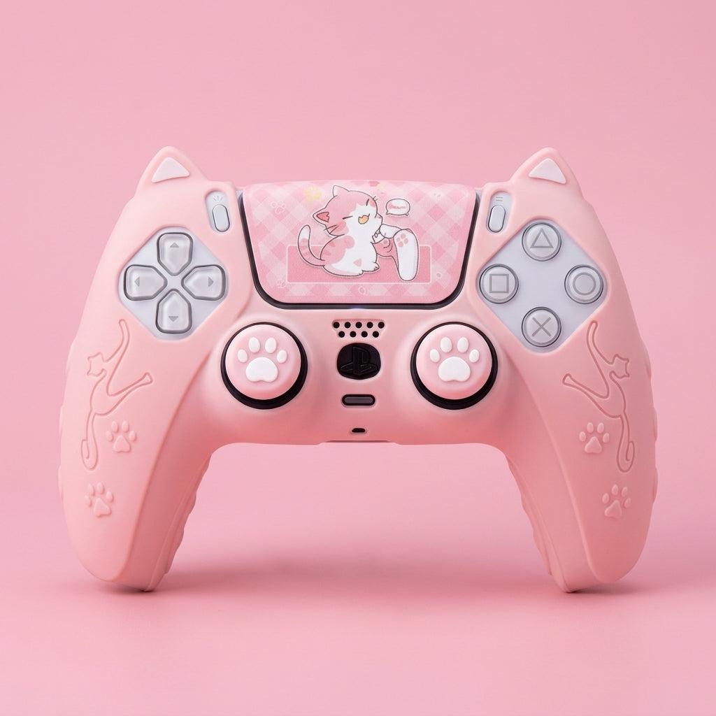 Sakura pink PS5 controller cover with cat ears and paw joystick caps