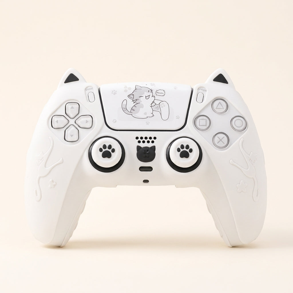 Mochi white cat ear silicone cover for PS5 DualSense controller, front view