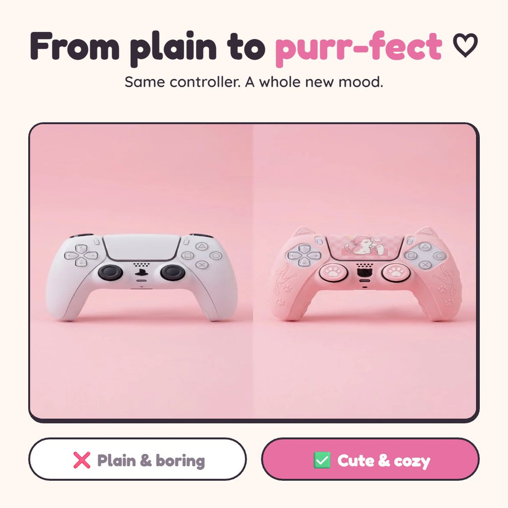 PS5 controller before and after the PawMeowd cat ear cover