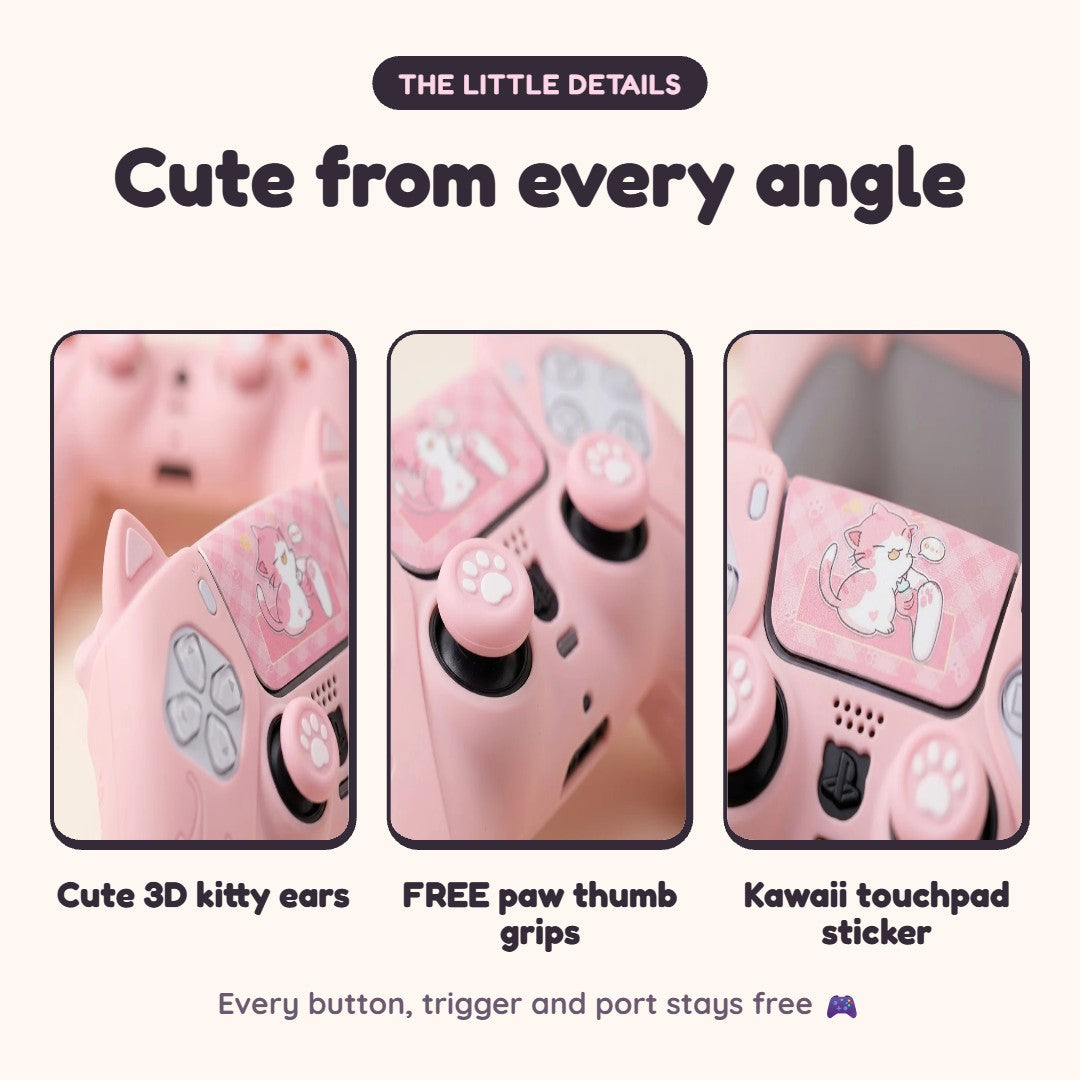 Close-up details: kitty ears, paw thumb grips and touchpad sticker